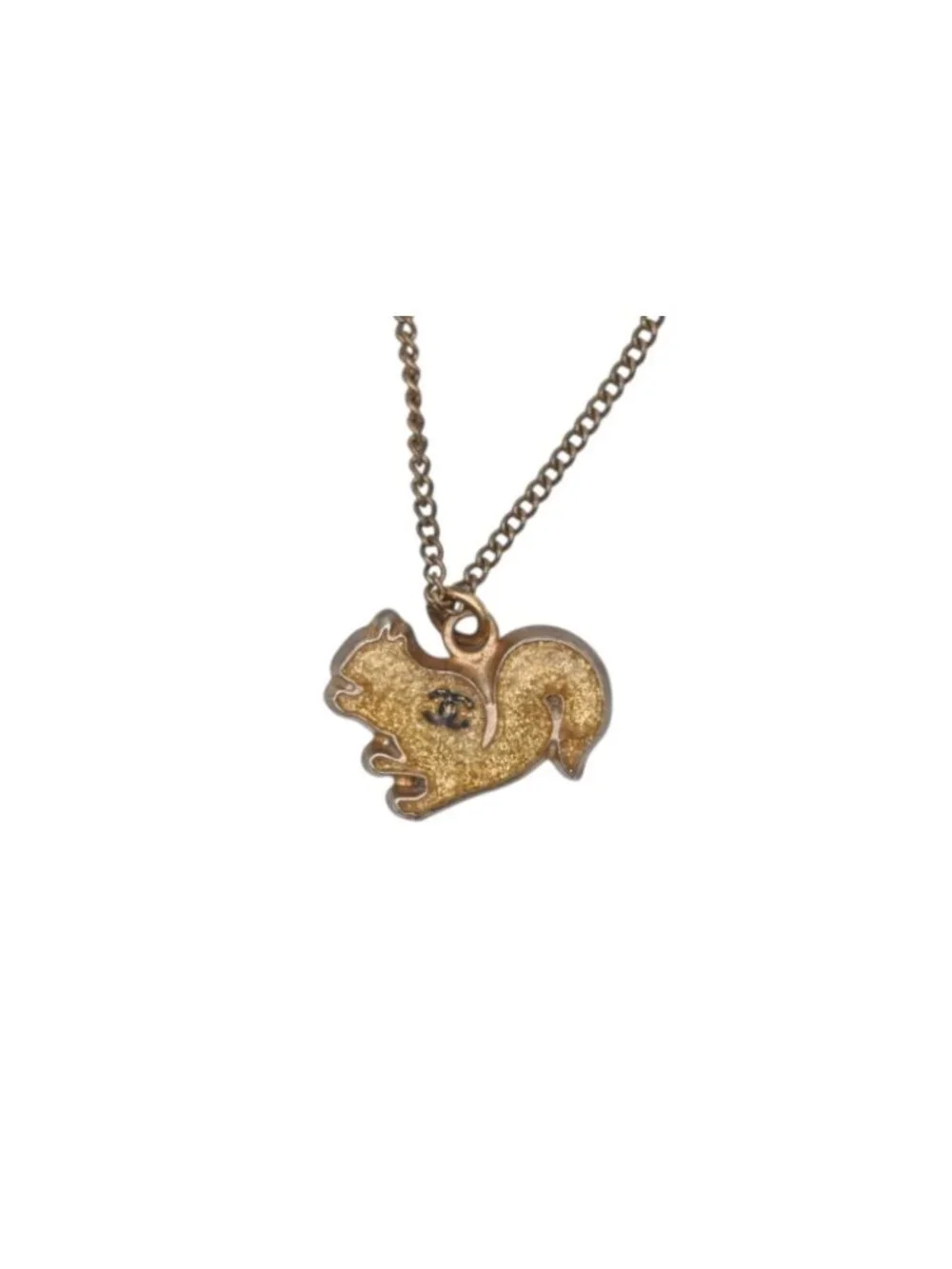 Chanel CC Logo Squirrel Animal Necklace Glitter Gold Plated Yellow